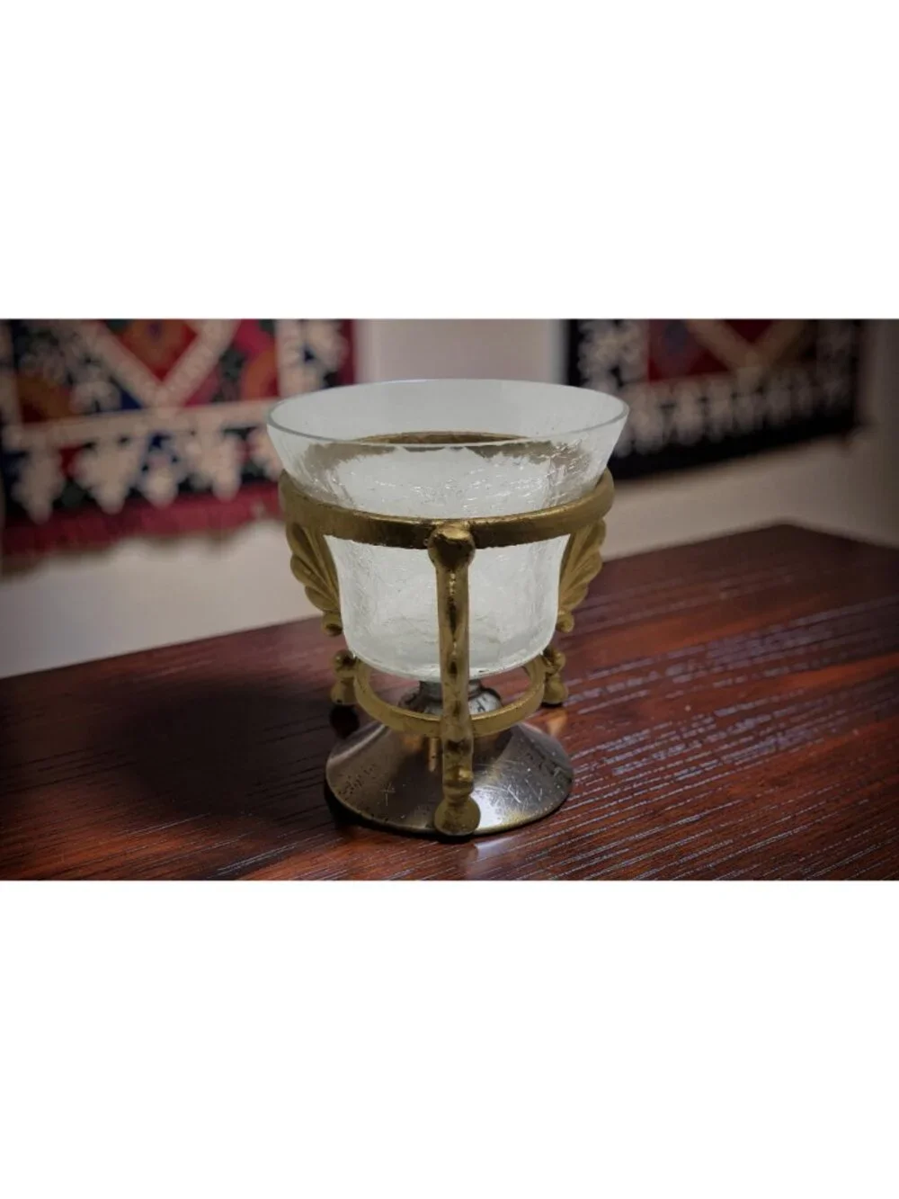 vintage gold color metal leaf design 3-leg crackled glass candle holder. 5.5